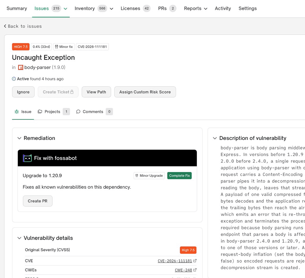 FOSSA security issue with Fix with fossabot remediation and Create PR