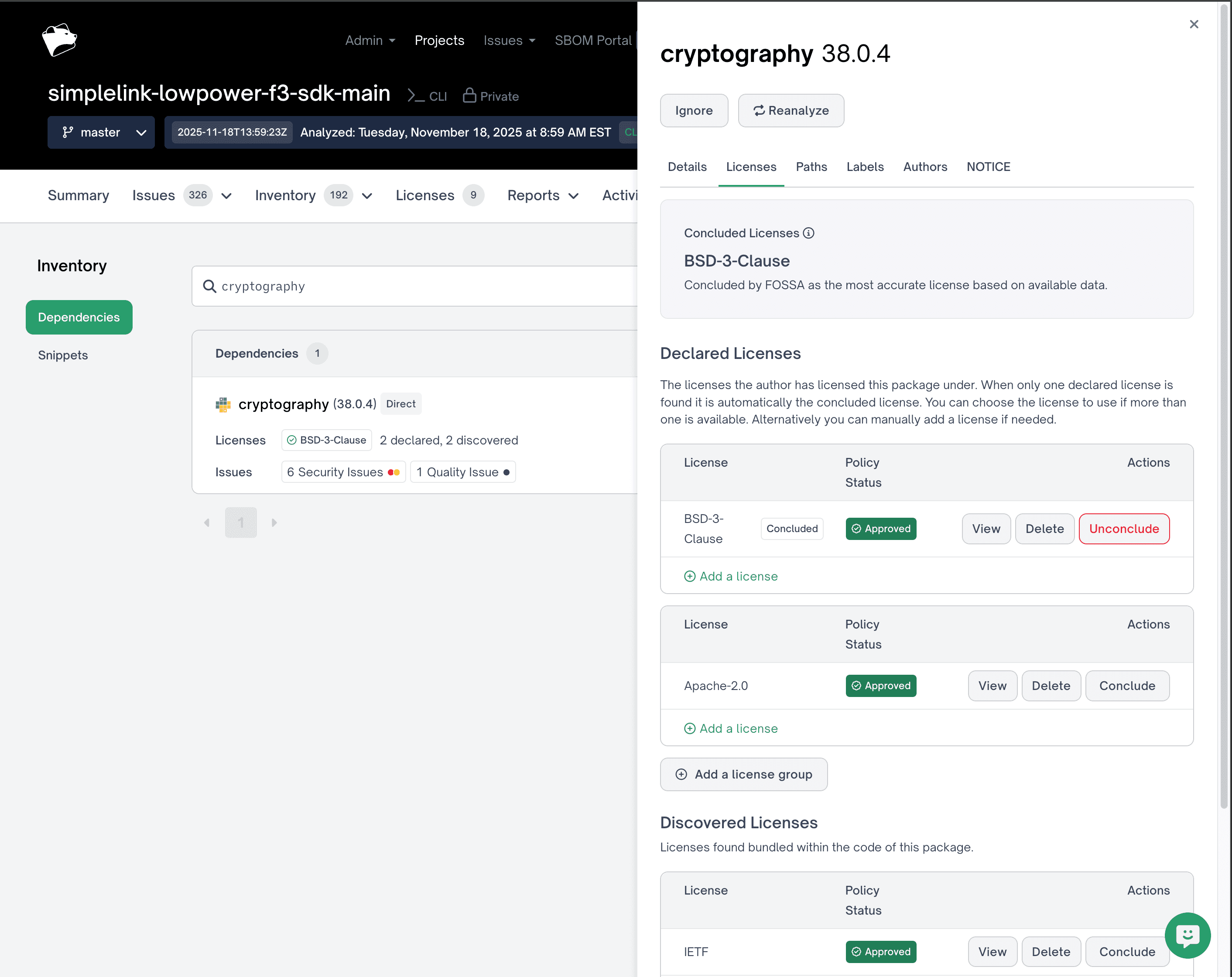 Concluded license for the cryptography library