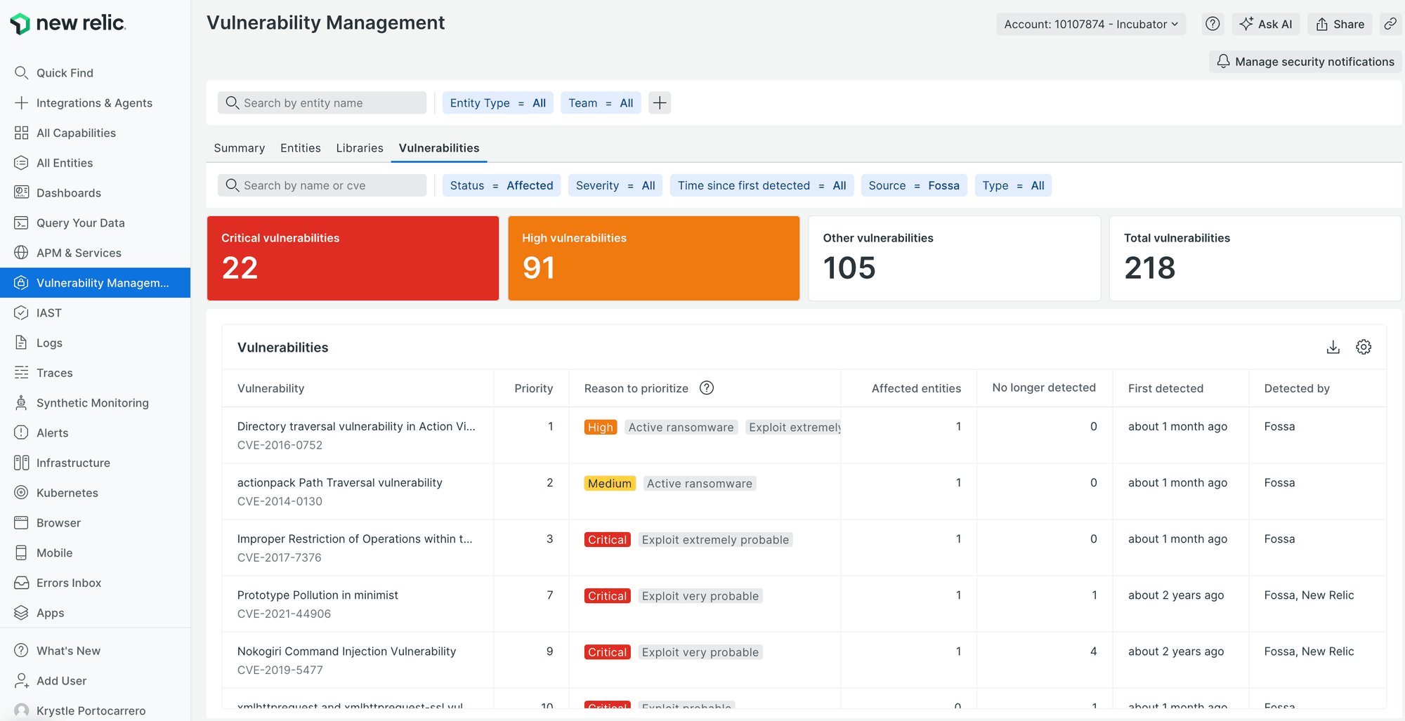 Visibility into vulnerabilities from New Relic and FOSSA