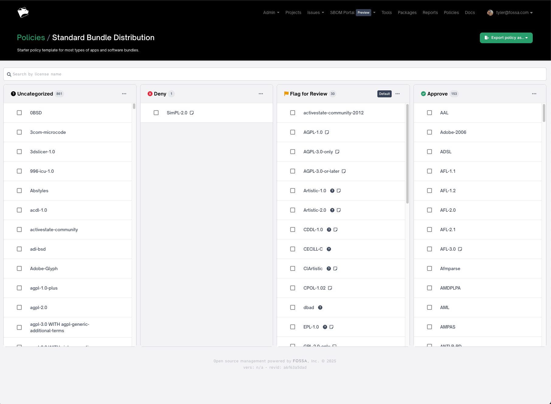 Image of FOSSA's enhanced license policies page