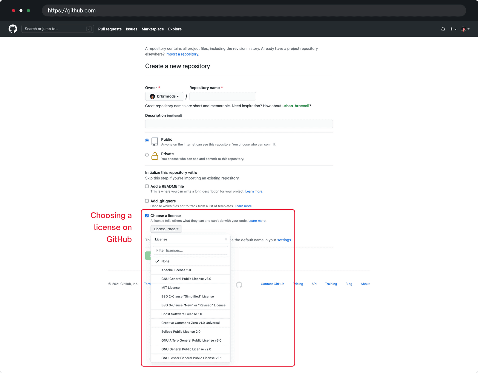 GitHub's license selection interface