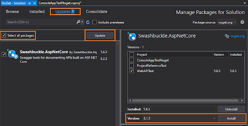 The Updates tab of the NuGet Package Manager UI